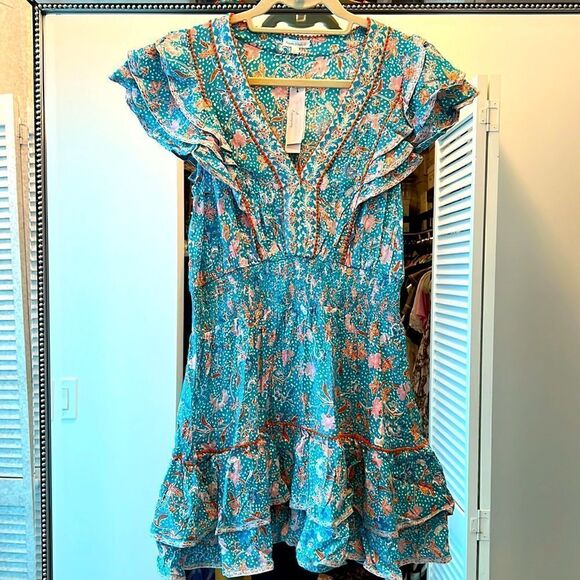 ✨NWT Poupette St Barth Camila Floral Duck Green Canary Ruffled Mini Dress - Picture 9 of 11